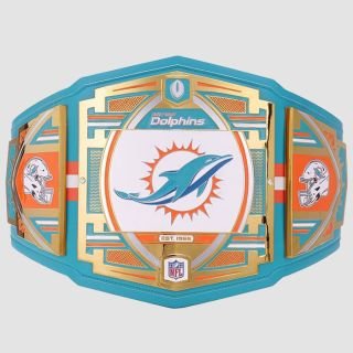 Miami Dolphins WWE Legacy Title Belt featuring 2mm metal plates, team logo, and a teal and orange championship-style strap.