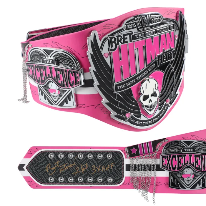 bret hart autographed signature series championship replica title belt with inscription